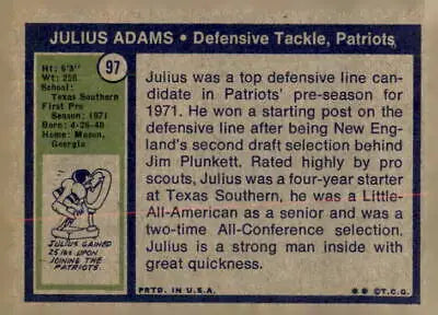 Vintage Julius Adams football trading card from 1972 Topps #97 in EX-MT condition