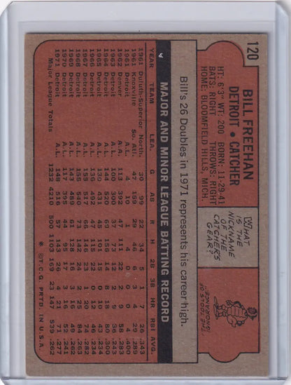 Back side of 1972 Topps Baseball #120 Bill Freehan - Detroit Tigers with stats