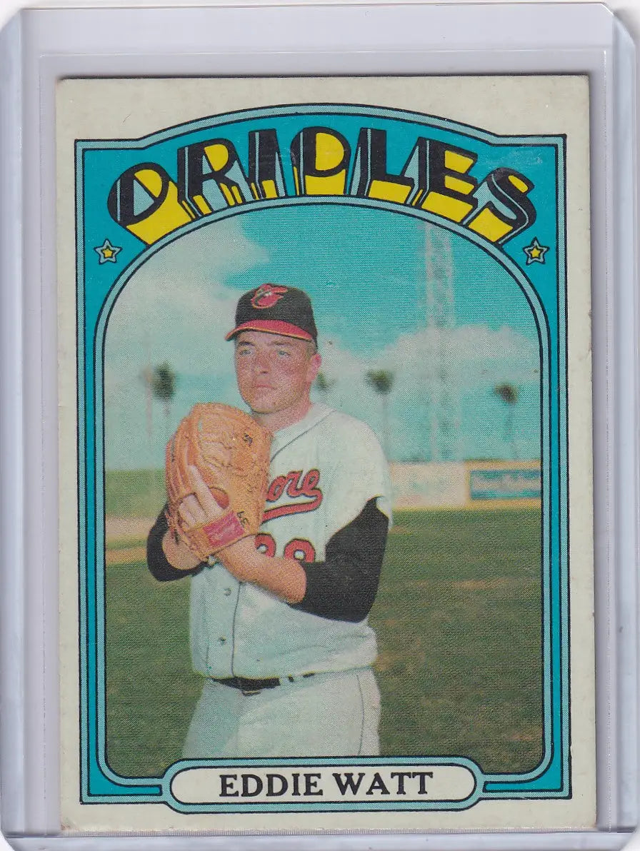 1972 Topps Baseball card of Eddie Watt in pitching stance for Baltimore Orioles