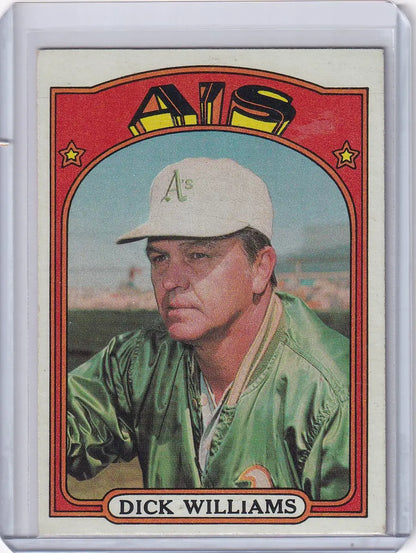Vintage Topps Baseball card of Dick Williams MGR in green jacket for Oakland Athletics