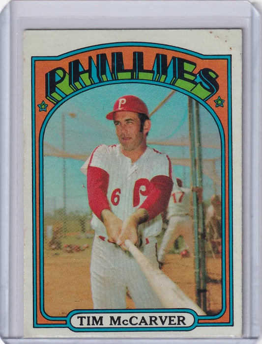 1972 Topps Baseball card of Tim McCarver featuring Philadelphia Phillies batting pose