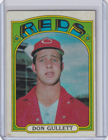 Vintage 1972 Topps Baseball Don Gullett card in protective case featuring Cincinnati Reds