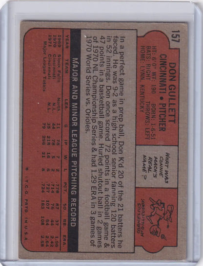Vintage red Topps Baseball card of Don Gullett from the Cincinnati Reds showing stats