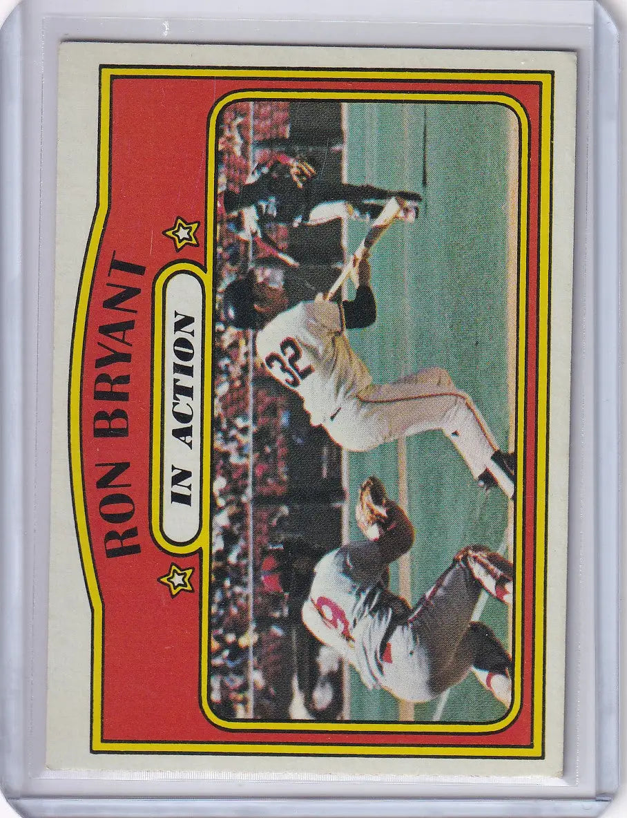 Vintage 1972 Topps Baseball card of Ron Bryant leaping for a catch with San Francisco Giants
