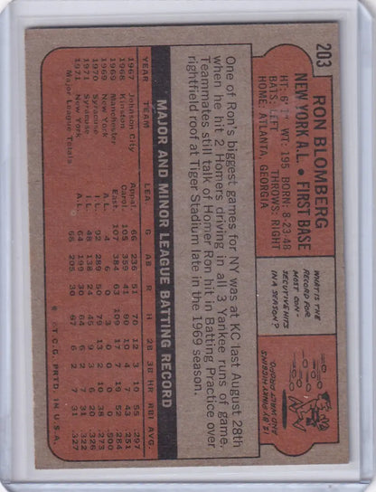 Vintage Topps Baseball card of Ron Blomberg, New York Yankees player statistics