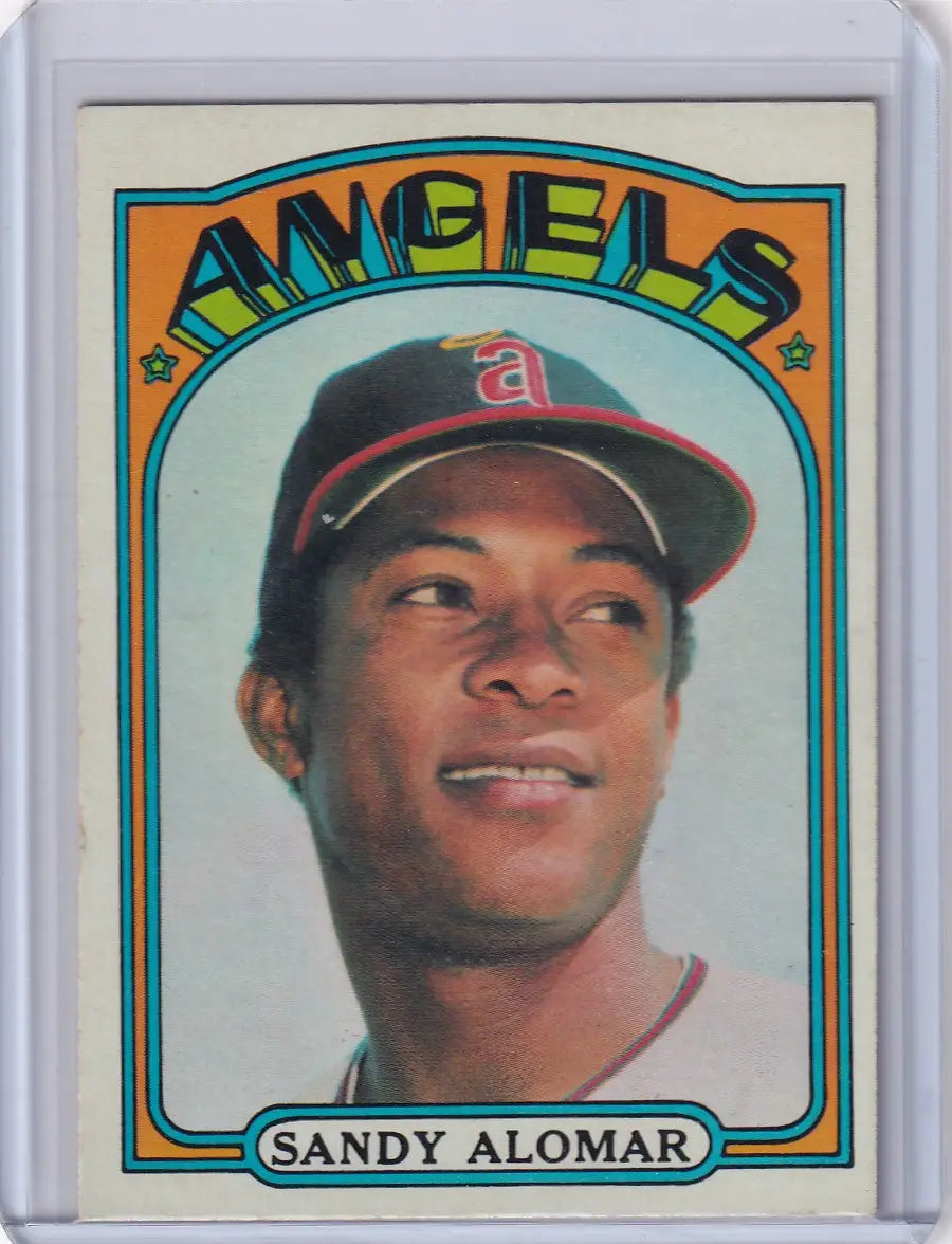 Vintage 1972 Topps Baseball card of Sandy Alomar with California Angels cap