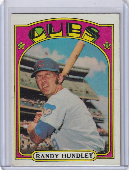 Vintage 1972 Topps Baseball card of Randy Hundley, Chicago Cubs player at bat
