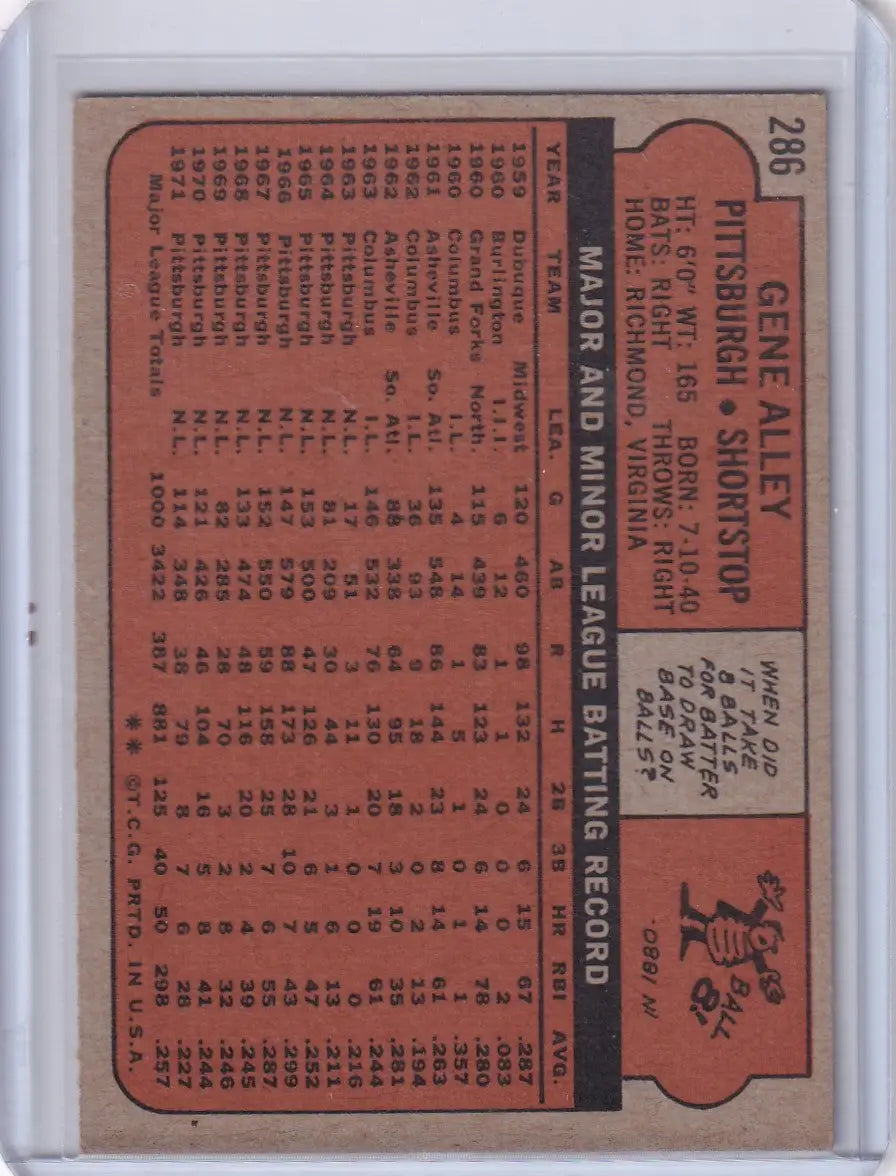 Vintage 1972 Topps Baseball card featuring Gene Alley of the Pittsburgh Pirates