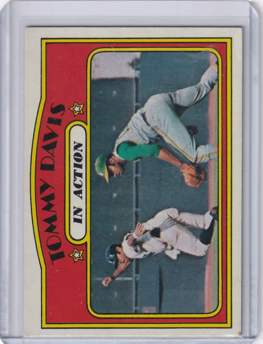 Vintage Topps Baseball card of Tommy Davis sliding into base for Oakland Athletics