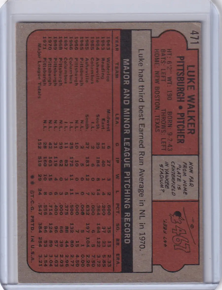 Vintage 1972 Topps Baseball #471 Luke Walker card featuring Pittsburgh Pirates player