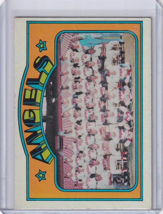 Vintage California Angels trading card with pink-tinted team photograph from Topps Baseball