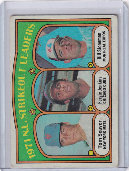 1971 Topps Baseball card featuring strikeout leaders Seaver, Jenkins, and Stoneman