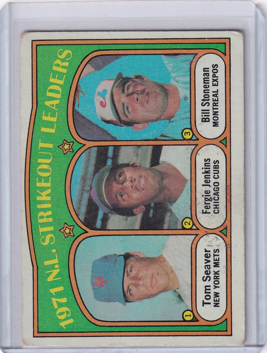 1971 Topps Baseball card featuring strikeout leaders Seaver, Jenkins, and Stoneman