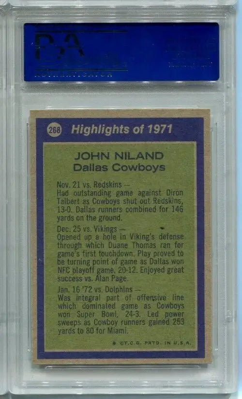 Graded 1971 John Niland trading card from Topps Football PSA 9 Dallas Cowboys High #268