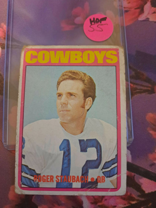 Vintage Dallas Cowboys Football Card featuring Roger Staubach Rookie in White Jersey