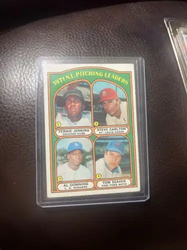 1971 N.L. Pitching Leaders baseball card featuring Steve Carlton and Tom Seaver