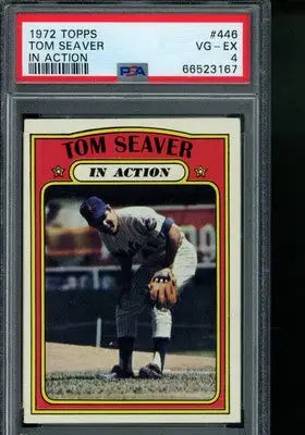 Graded 1972 Topps Tom Seaver baseball card in PSA 4 condition displaying In Action image