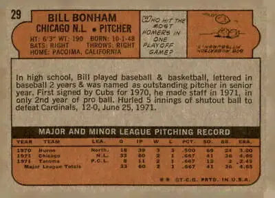Vintage 1972 Topps Bill Bonham trading card back showcasing Cubs RC details