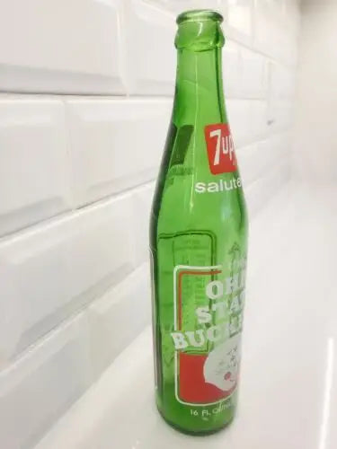 Green 7-Up bottle commemorating Ohio State Buckeyes 1973 National Championship