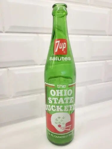 Green 7-Up Ohio State Buckeyes bottle from 1973 commemorating the national champs