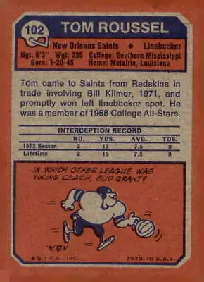 Vintage Tom Roussel football trading card from 1973 Topps #102 featuring Tom Roussel