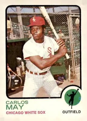 1973 Topps #105 Carlos May baseball card featuring Chicago White Sox player excellence