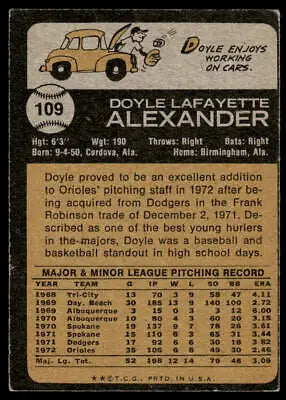 Doyle Alexander baseball card back from 1973 Topps featuring Baltimore Orioles player