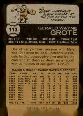Vintage baseball card back showing 1973 Topps #113 Jerry Grote trading card