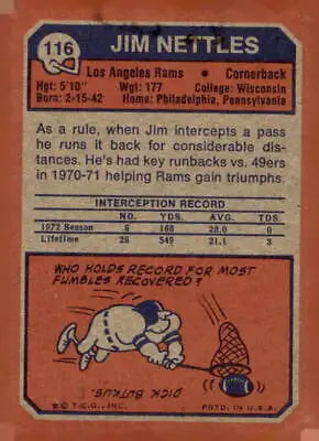 Vintage Jim Nettles trading card back from 1973 Topps #116 featuring classic Nettles trading card design