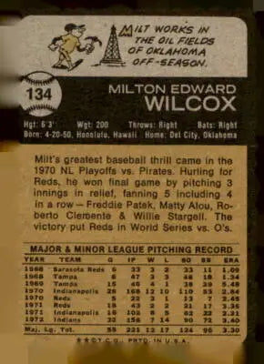 Vintage 1973 Topps Milt Wilcox baseball card back featuring classic Wilcox baseball card design