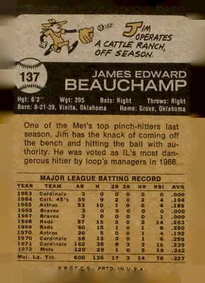 Vintage baseball card back of 1973 Topps #137 Jim Beauchamp, New York Mets trading card