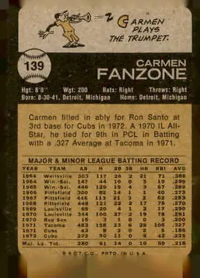 Vintage 1973 Topps Carmen Fanzone baseball card featuring Carmen Fanzone and classic design
