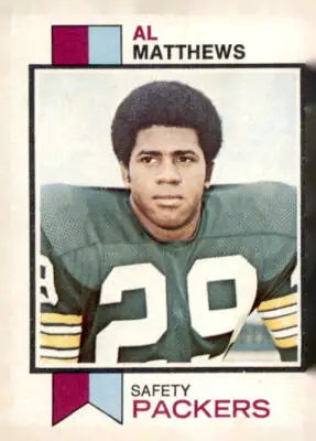 Al Matthews Green Bay Packers football card from 1973 Topps #143 featuring Matthews football card