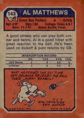 Vintage Al Matthews football card featuring Green Bay Packers from 1973 Topps #143