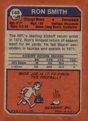 Vintage Ron Smith trading card from 1973 Topps series, collectible Ronald Smith card