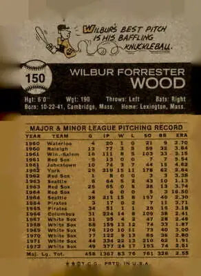 Vintage baseball card back of 1973 Topps Wilbur Wood, Chicago White Sox trading card