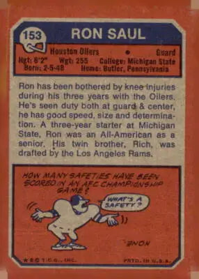 Vintage 1973 Topps Ron Saul trading card for Ron Saul trading memorabilia