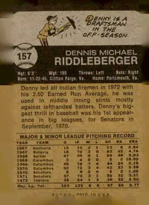 Vintage baseball card back of 1973 Topps #157 Denny Riddleberger, Cleveland Indians