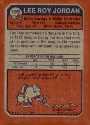 Vintage football card featuring Lee Roy Jordan from 1973 Topps #159
