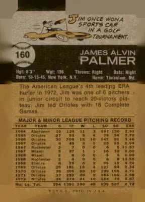 Vintage baseball card back featuring Jim Palmer trading card from 1973 Topps #160