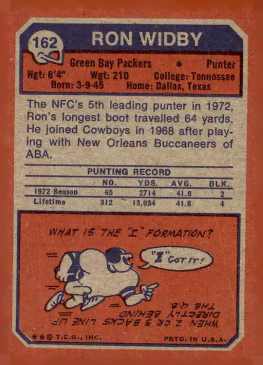 Vintage 1973 Topps Ron Widby sports trading card featuring classic football memorabilia