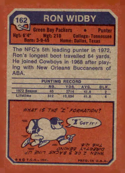 Vintage 1973 Topps Ron Widby sports trading card featuring classic football memorabilia