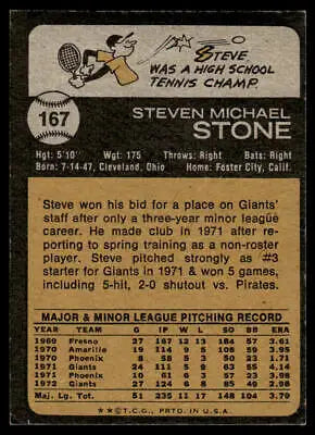 Vintage baseball card back of 1973 Topps #167 Steve Stone, San Francisco Giants memorabilia