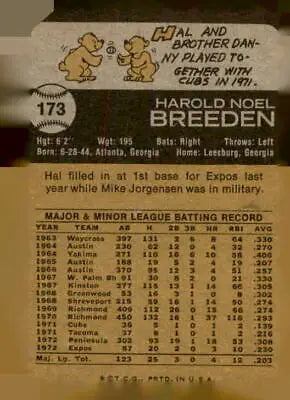 Baseball card back of 1973 Topps #173 Hal Breeden trading card in EX-MT condition
