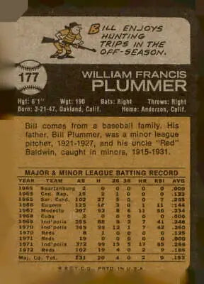 Vintage 1973 Topps #177 Bill Plummer trading card back featuring Cincinnati Reds details