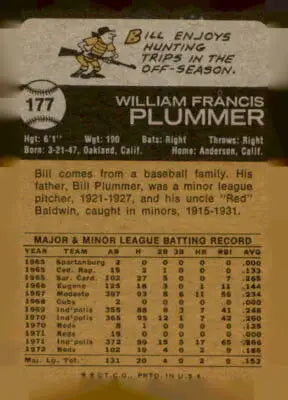 Vintage baseball card back featuring 1973 Topps #177 Bill Plummer Cincinnati Reds