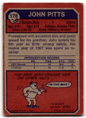 Vintage John Pitts football card in original gloss from 1973 Topps #178 G Good