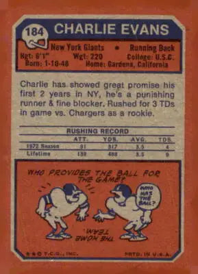 1973 Topps #184 Charlie Evans football trading card, a collectible sports trading card