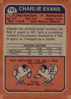 Vintage 1973 Topps Charlie Evans trading card from the Charlie Evans trading collection
