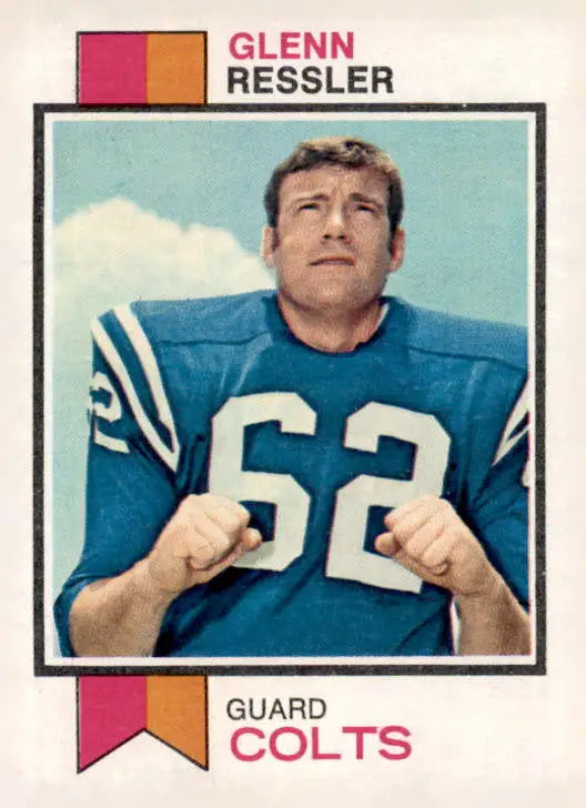 Vintage Glenn Ressler football card from 1973 Topps featuring Baltimore Colts memorabilia